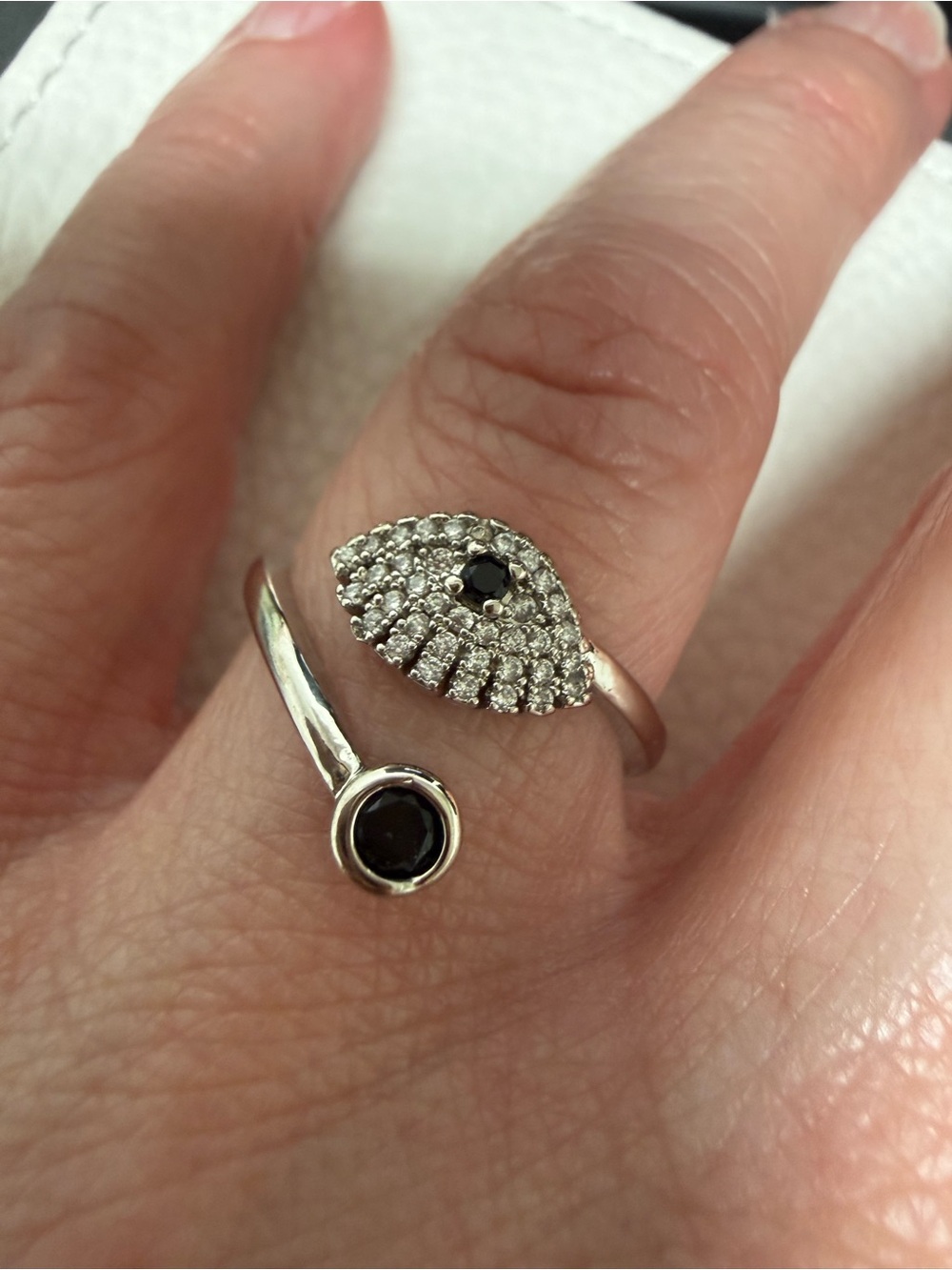 Silver-tone Evil Eye Black Stone Pavé Open Ring